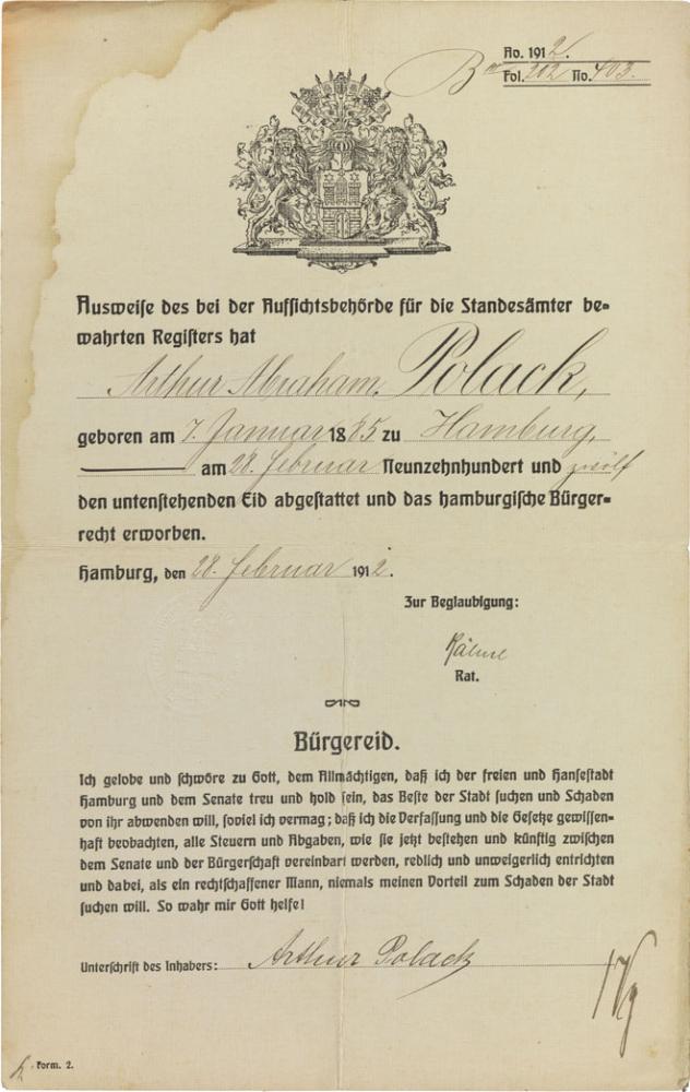 Decorative certificate with Hamburg coat of arms, printed form, filled out by hand.