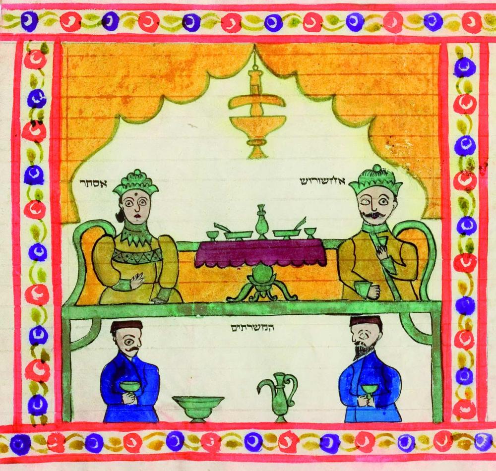 Farbige historische Illustration zweier Szenen: die eine zeigt einen Mann und eine Frau, die an einem Tisch sitzen, die andere zeigt zwei Männer, die Tassen halten