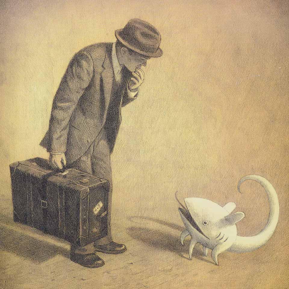 Illustation: a man with a suitcase and hat stands in front of a small monster.