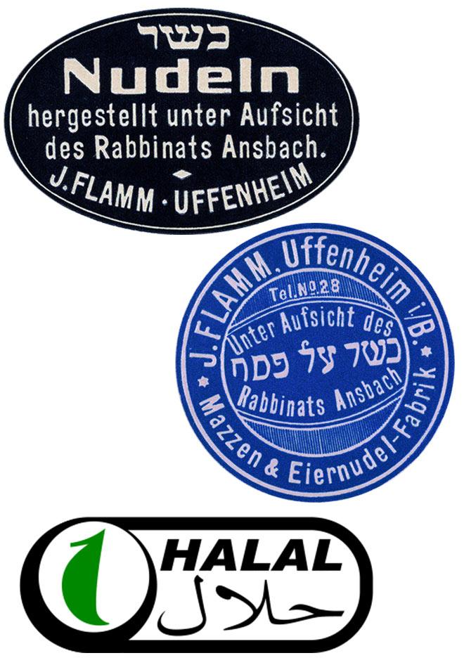 Koscher- und Halalsiegel zur Kennzeichnung von Lebensmitteln.