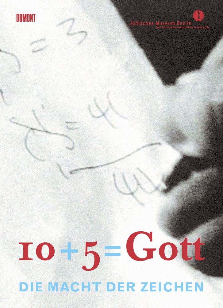 Catalogue Cover for the Exhibition “10+5=Gott”: black and white photograph of a close up of a hand writing numbers.