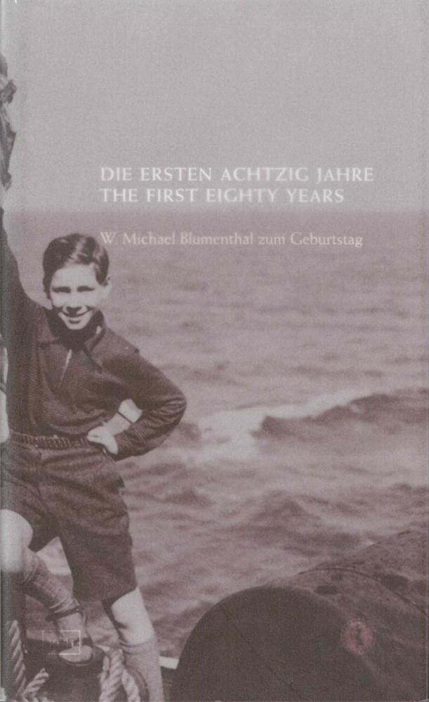 Book Cover of "The First Eighty Years": historical black and white photograph of a young boy standing by the sea