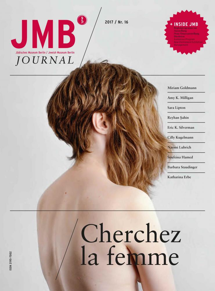 Cover Journal 16; it shows a woman in half-profile, at the back of her head she wears a short haircut, her face is covered with the shoulder-length hair of a wig.