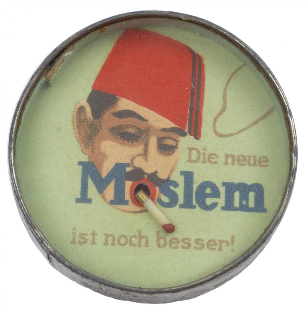 Round container with an image of a man wearing a Fez hat smoking a plastic cigarette 