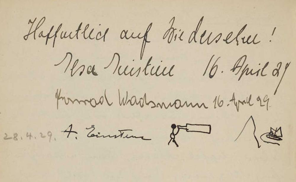 Photo of a page from Adolf Stern's guest book with entries by Elsa Einstein, Konrad Wachsmann, and a figure drawn by Albert Einstein looking into the distance with a telescope. 