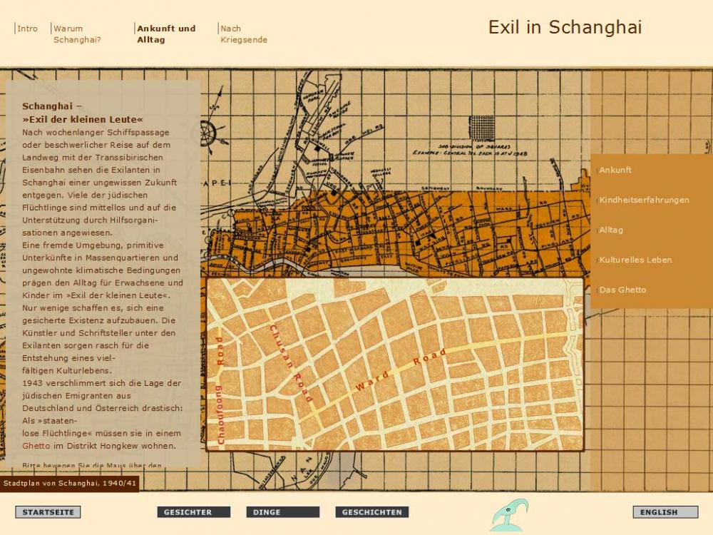 Screenshot eines Multimedia-Beitrags mit dem Titel "Exil in Shanghai" mit einer Abbildung einer Landkarte.