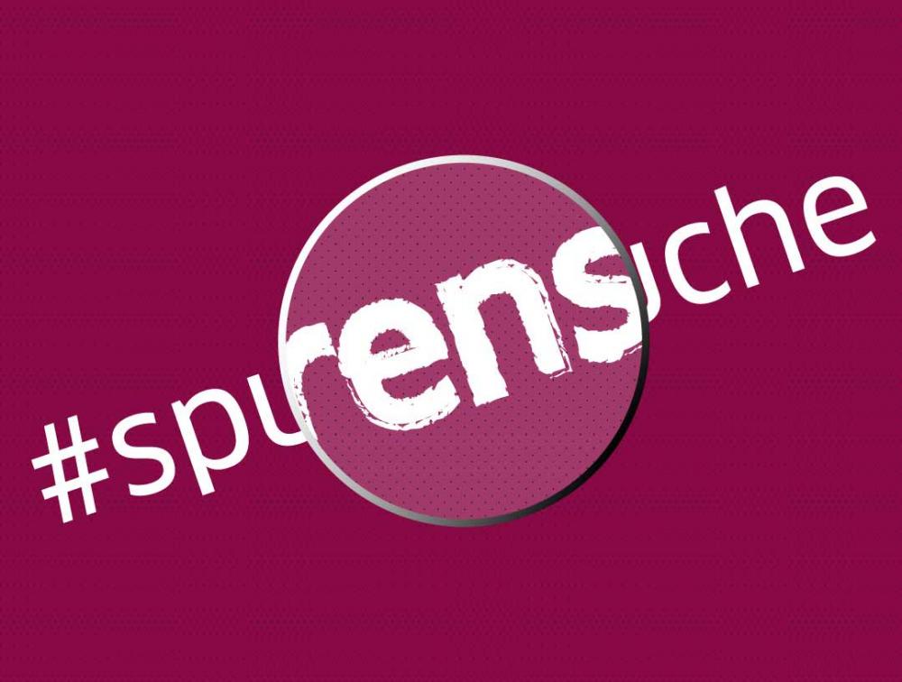 The word Spurensuche with enlarged letters in the middle of the word on a red-berry background.