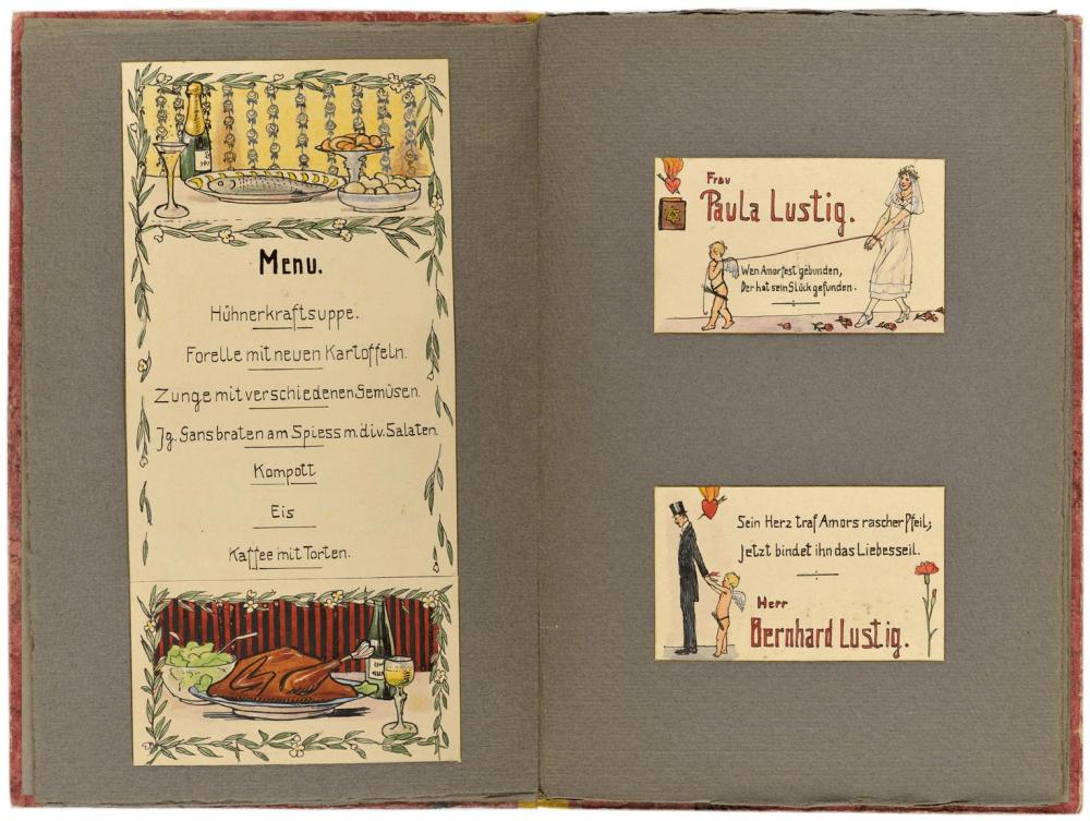 Two-page spread with the menu and Paula and Bernhard Lustig’s place cards