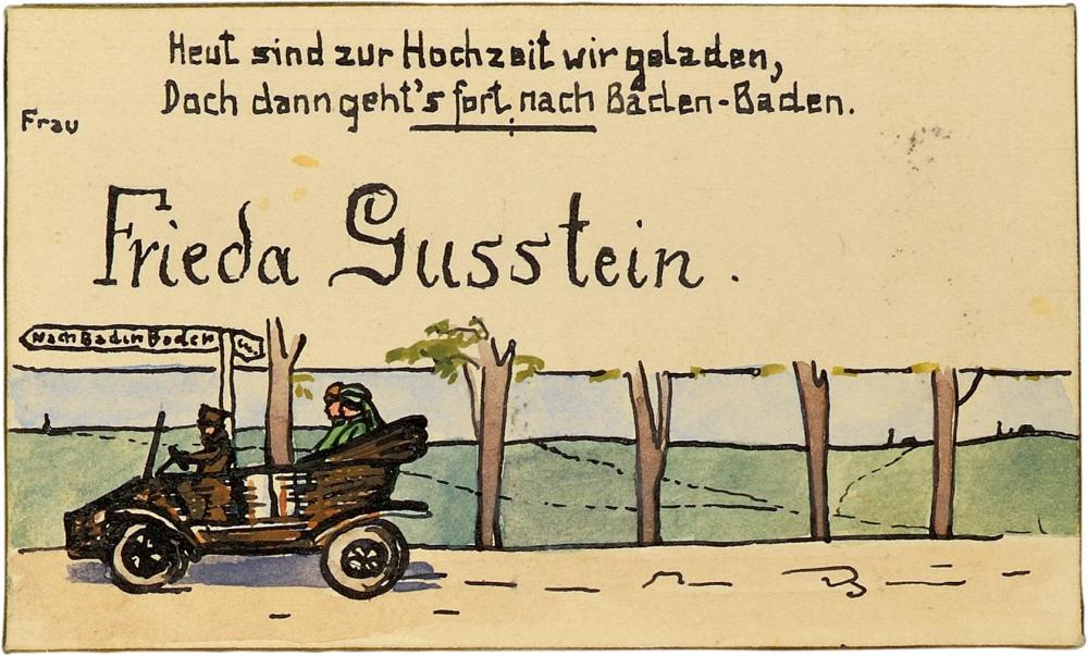 Frieda Gusstein’s place card. The bottom of the place card shows three people riding in an open car down a country lane. Above, the text reads “Today a wedding our hearts will gladden, /But then we’re off to Baden-Baden.” 