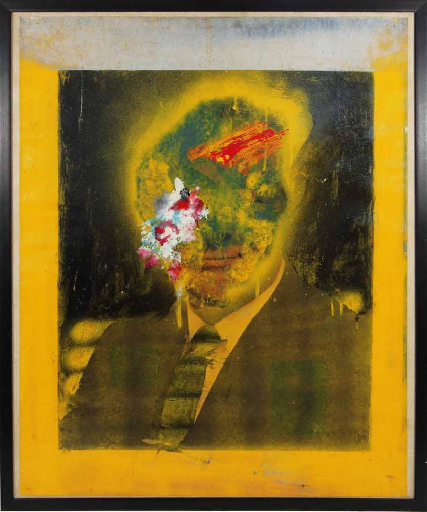 Ein mit Farbe übermaltes Porträt eines Mannes, dessen Gesicht über der Krawatte nun unkenntlich ist