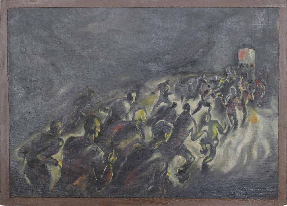 Expressionistic painting of a group of people rushing out of a dark space through small lighted doorway