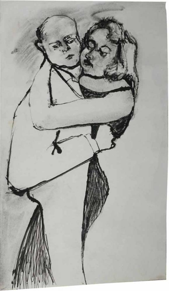 Drawing of a man and woman dancing, their faces are expressionless, their bodies are merging as one
