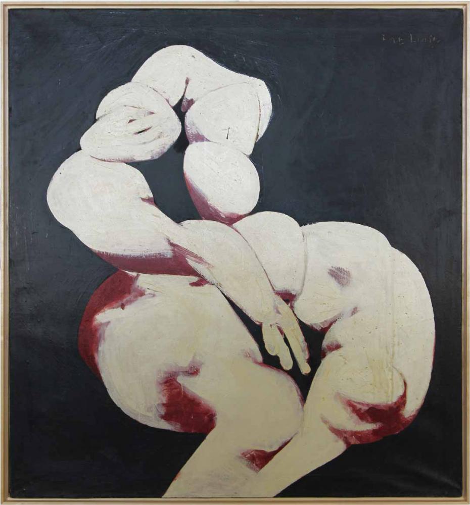 Abstract painting of a human-like figure composed of puffy white objects