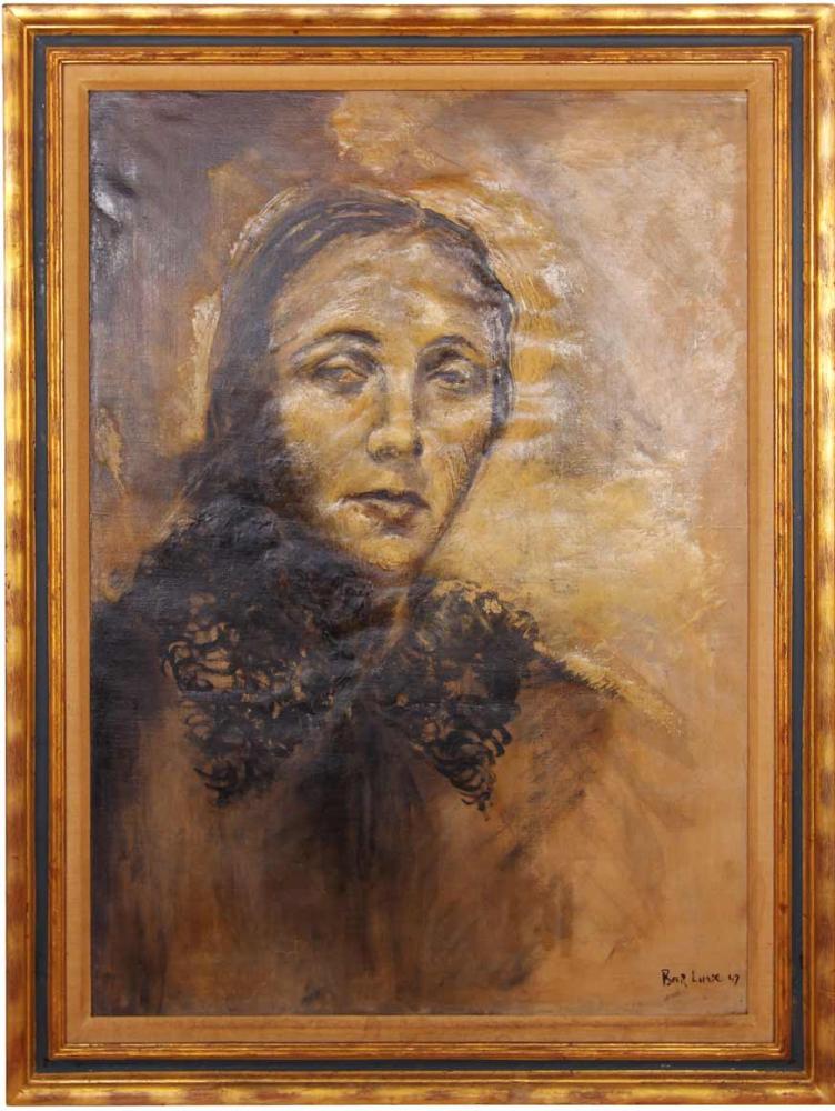  Painted portrait of Boris Lurie’s mother wearing a headscarf, she is expressionless and looks off into the distance