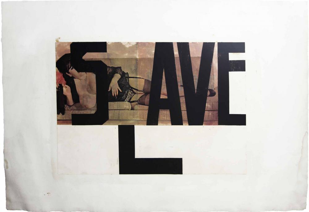 Cut out picture of a topless woman wearing lingerie and laying on her side with the word “SLAVE” covering the majority of the photo
