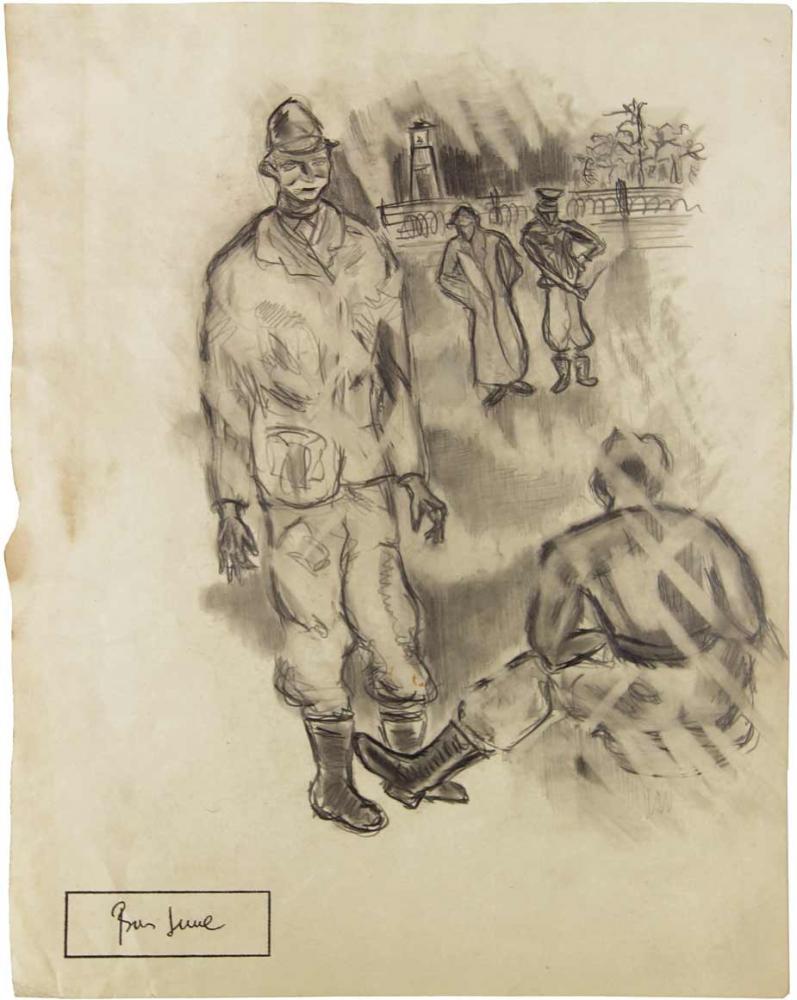 Drawing of a few men wearing large coats, black boots, and hats standing near a wire fence and watch tower