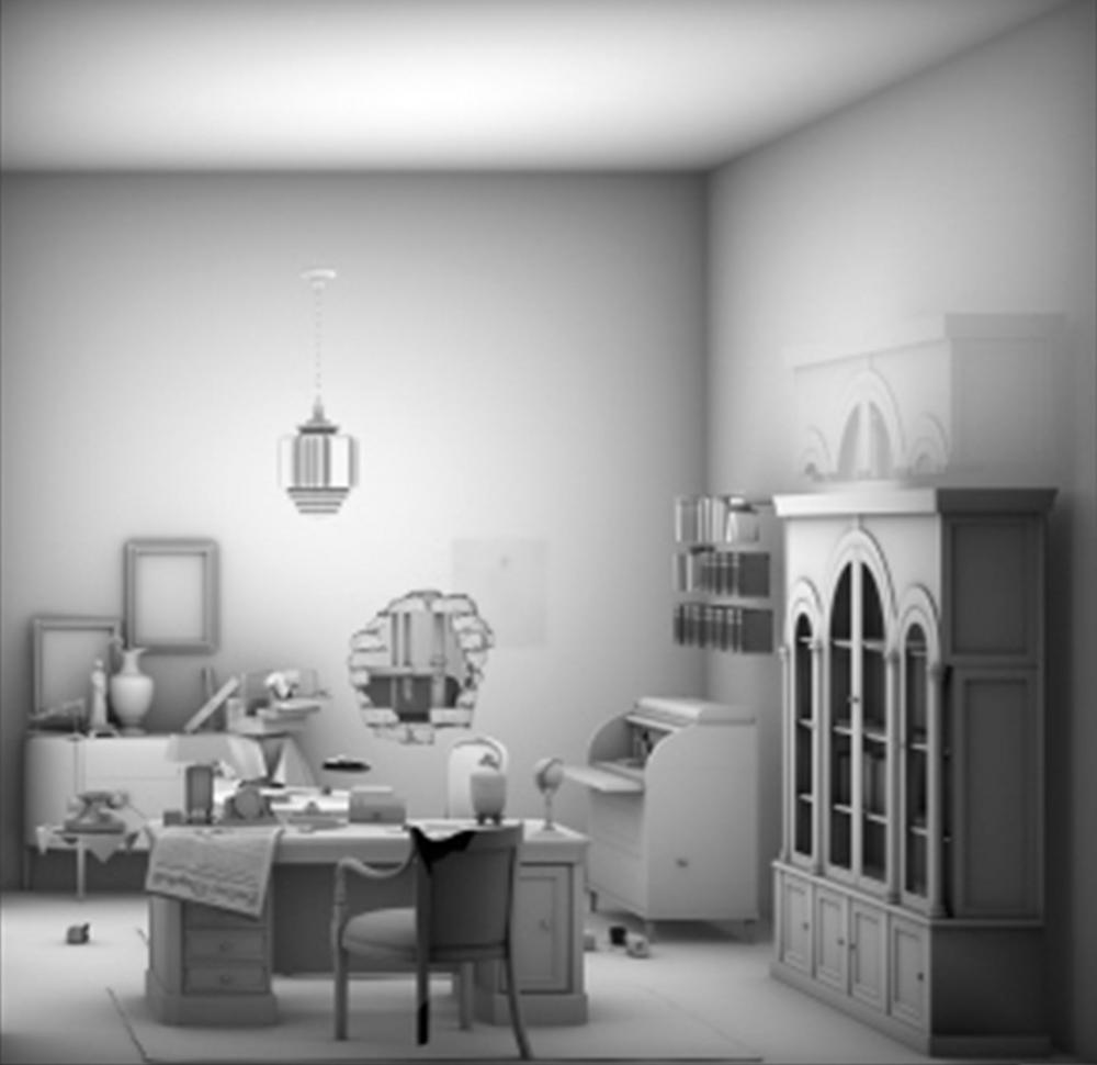 black and white model of a living room