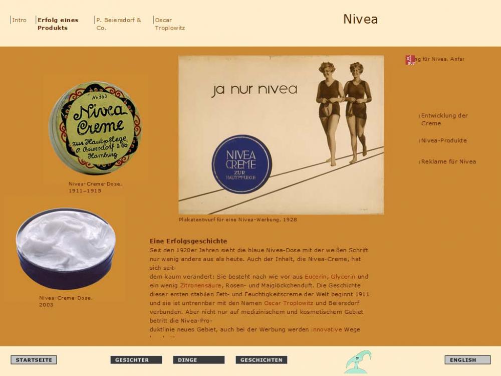 Screenshot eines Multimedia-Beitrags über Nivea-Creme, mit Bildern aus alten Werbeanzeigen.