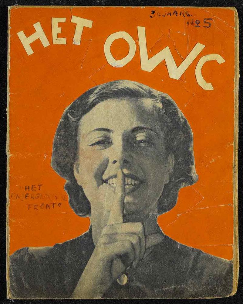 Magazine cover, the collage shows a young woman holding a finger in front of her mouth.