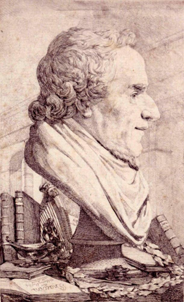 Historical drawing of a portrait bust sculpture of a man, the sculpture is surrounded by meaningful objects below