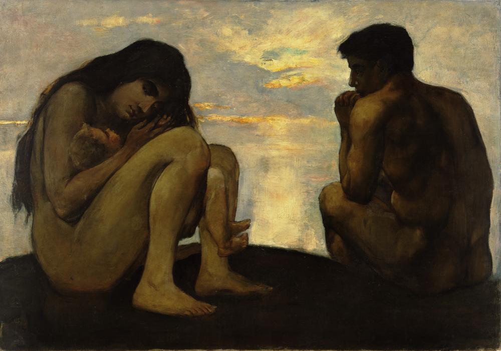 Two naked people sit on brown earth in front of a yellow horizon: a woman with long hair holds a baby, a man sits with his back to the viewer.
