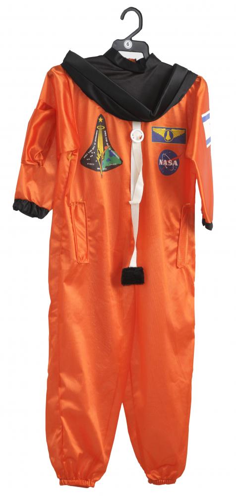 Orangenes Astronautenkostüm mit aufgestickten Symbolen, z.B. der NASA.