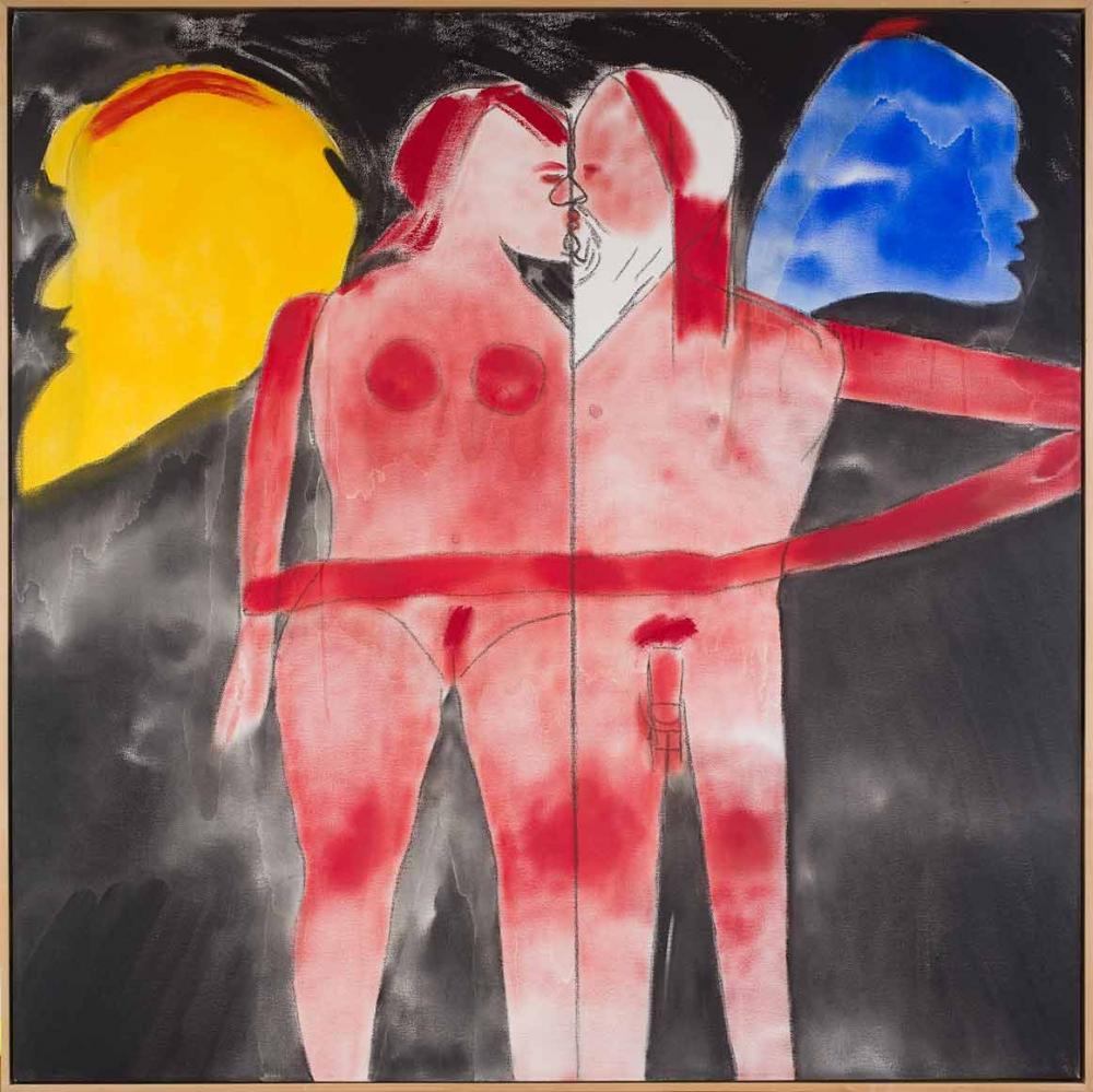 Gemälde: Zwei menschliche Figuren in Rot küssen küssen einander, eine mit weiblichen Genitalien und gelbem Flügel, eine mit männlichen Genitalien, weißem Bart und blauem Flügel.