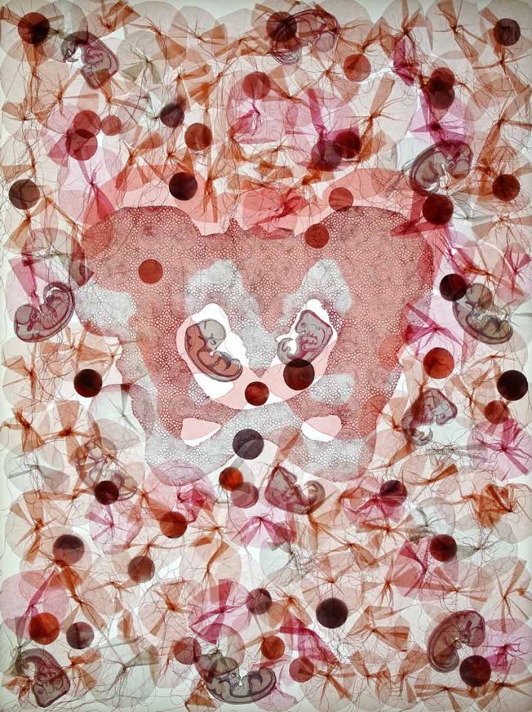 In Rosa-Rot-Tönen gehaltenes Kunstwerk mit einem stilisierten Becken, kleinen Embryos, Punkten und Papierblumen.