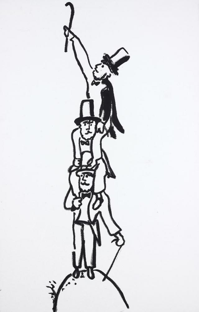 Zeichnung dreier Männer, die einander auf die Schulter nehmen und mit einem Spazierstock im Himmel anklopfen