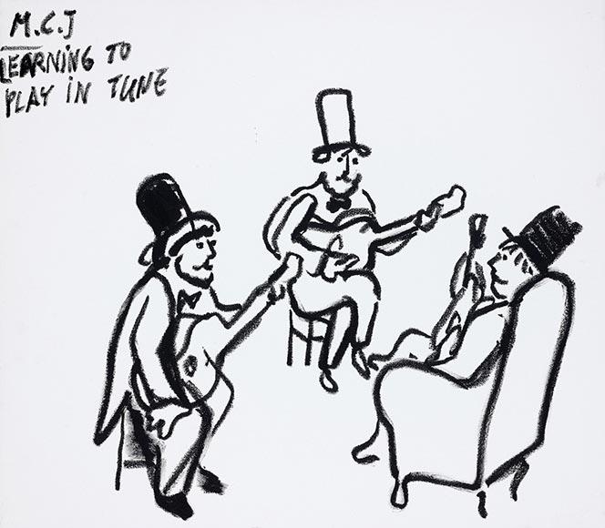Drawing of three men with guitars