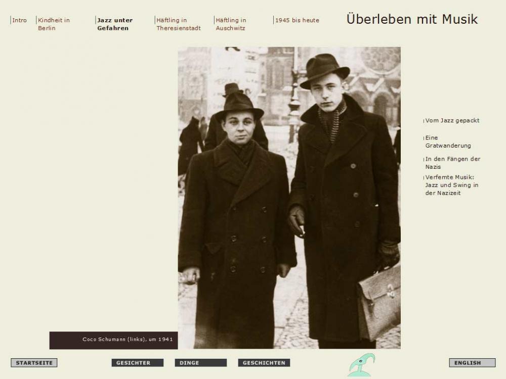 Screenshot from a multimedia story about Music, there is a historic black and white photograph of two young men wearing large coats and hats