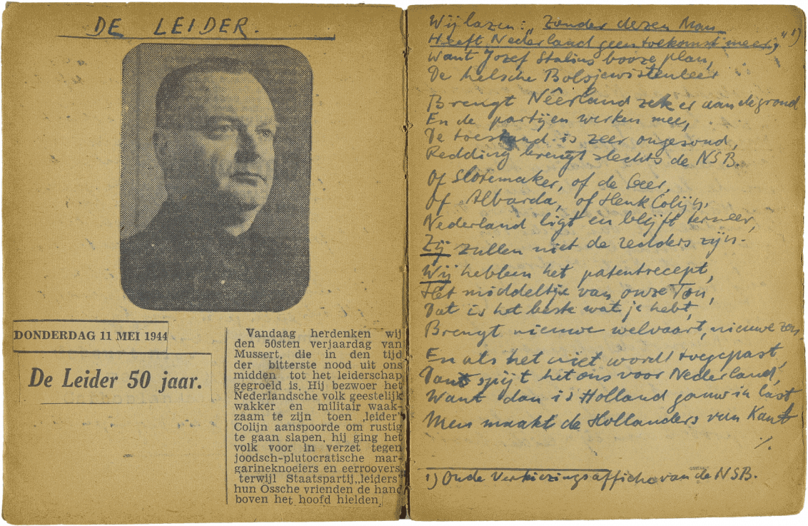 Handwritten two-page spread with a pasted-in newspaper photo of a man and the heading “De Leider” (The Leader).