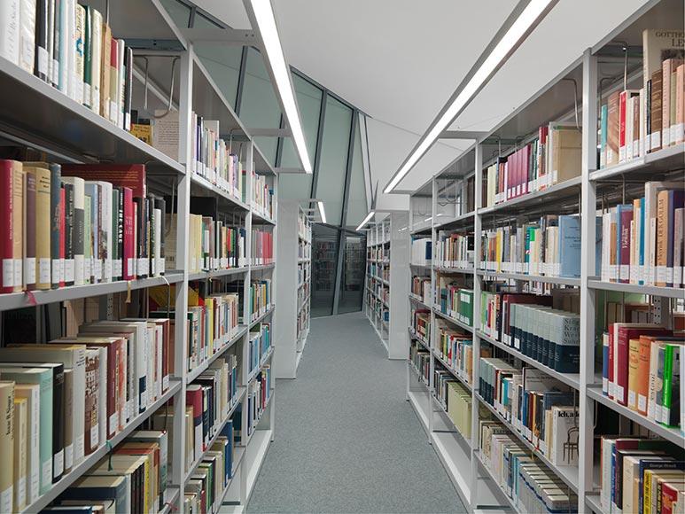 Bookshelves in the academy library.
