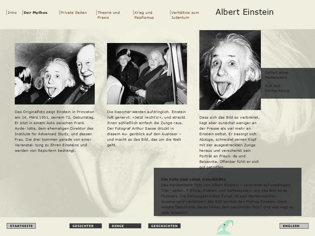 Screenshot aus einer Multimedia-Story, mit Bildern und Text über Albert Einstein