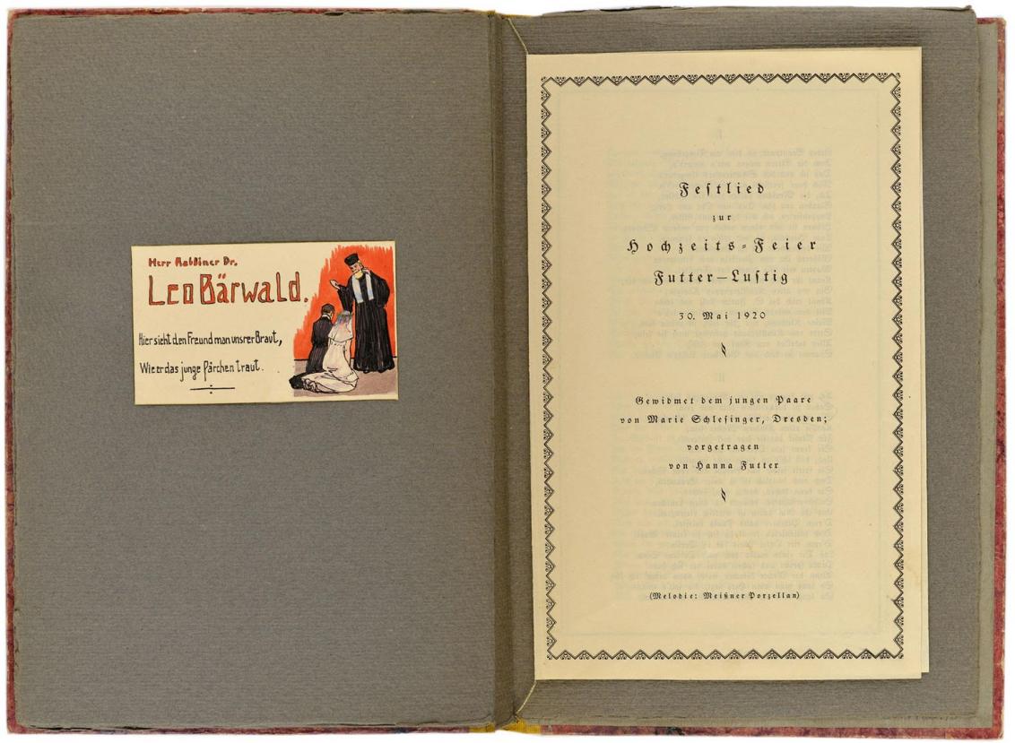 Two-page spread with Leo Baerwald’s place card and the first page of the celebratory song