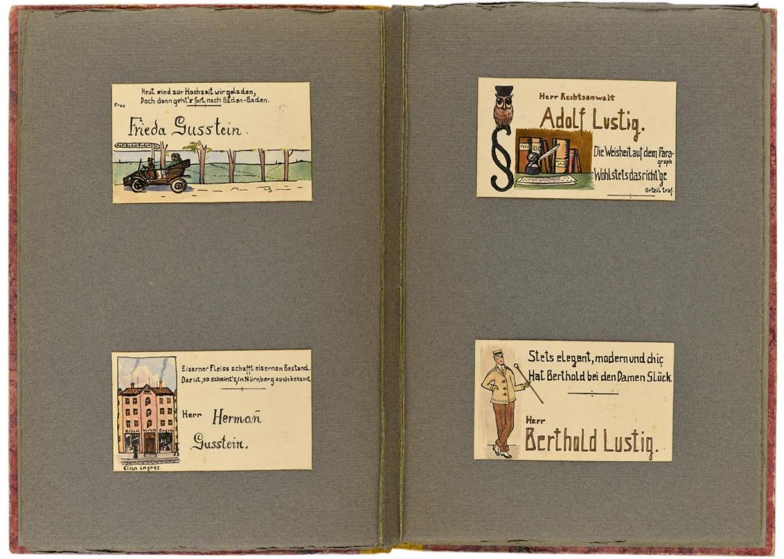 Doppelseite mit vier Tischkarten von Frieda Gusstein, Hermann Gusstein, Adolf Lustig und Berthold Lustig. 