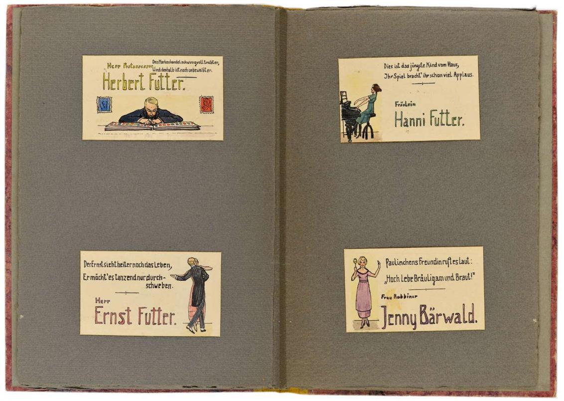 Doppelseite mit vier Tischkarten von Herbert Futter, Ernst Futter, Hanni Futter und Jenny Baerwald.