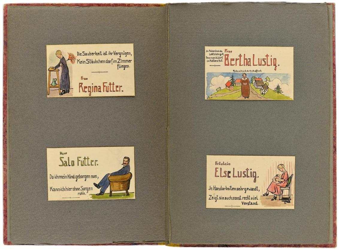 Doppelseite mit vier Tischkarten von Regina Futter, Salo Futter, Bertha Lustig, Else Lustig. 