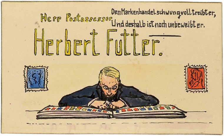 Tischkarte von Herbert Futter. Über einem aufgeklappten Briefmarkenalbum sitzend ist Herbert Futter dargestellt. Darüber steht der Text »Den Markenhandel schwungvoll treibt er, Und deshalb unbeweibt noch ist er.« 