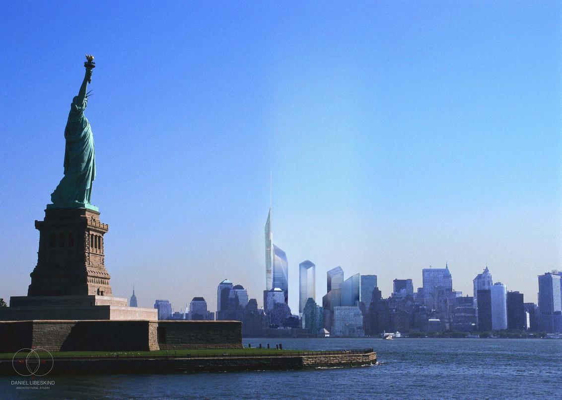 3-D-Darstellung der Skyline von New York mit Freiheitsstatue und Entwurf des World Trade Center Areals