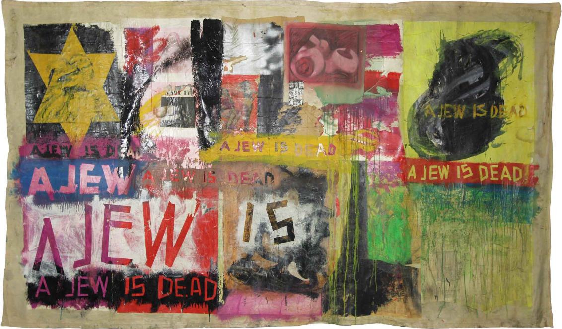 Colorful painting collage with the star of david and the text “A Jew is dead” repeated throughout the painting