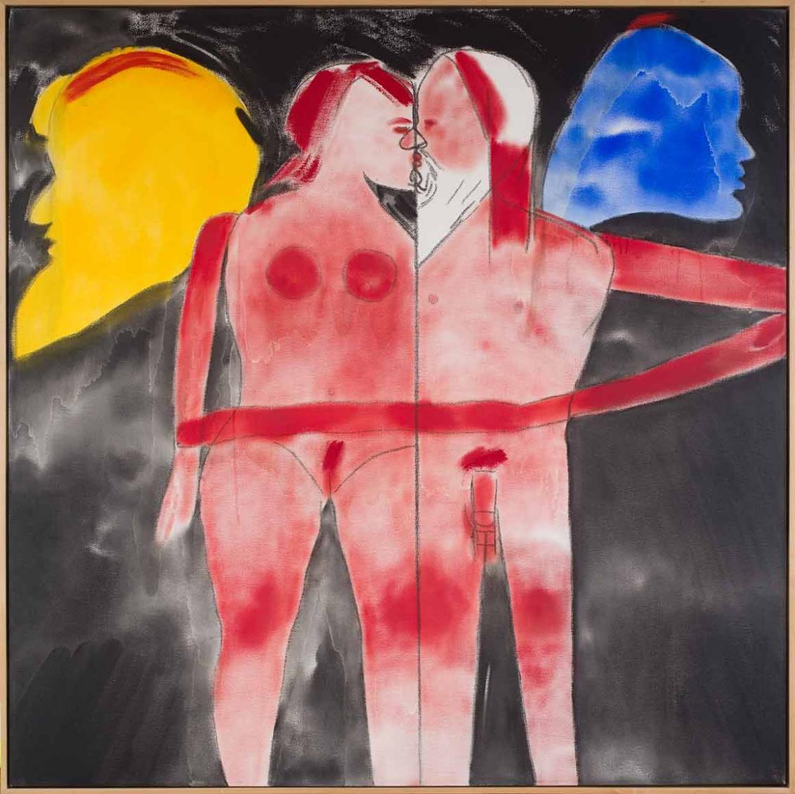 Painting: two human figures in red kissing each other, one with female genitalia and a yellow wing, one with male genitalia, a white beard and a blue wing.