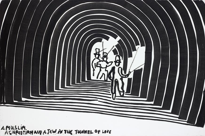 Schwarz-Weiß-Zeichnung mit drei Männern, die durch einen Tunnel laufen