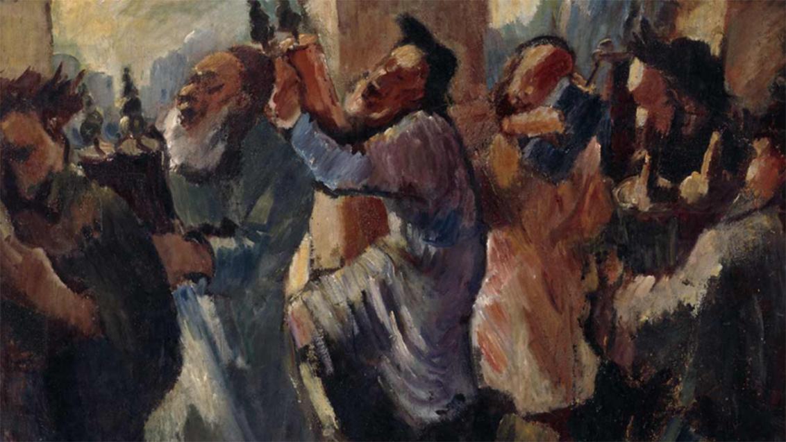 Painting with six men dancing in a row, each with Torah scroll, black headdress, long coats, in the background round arches.