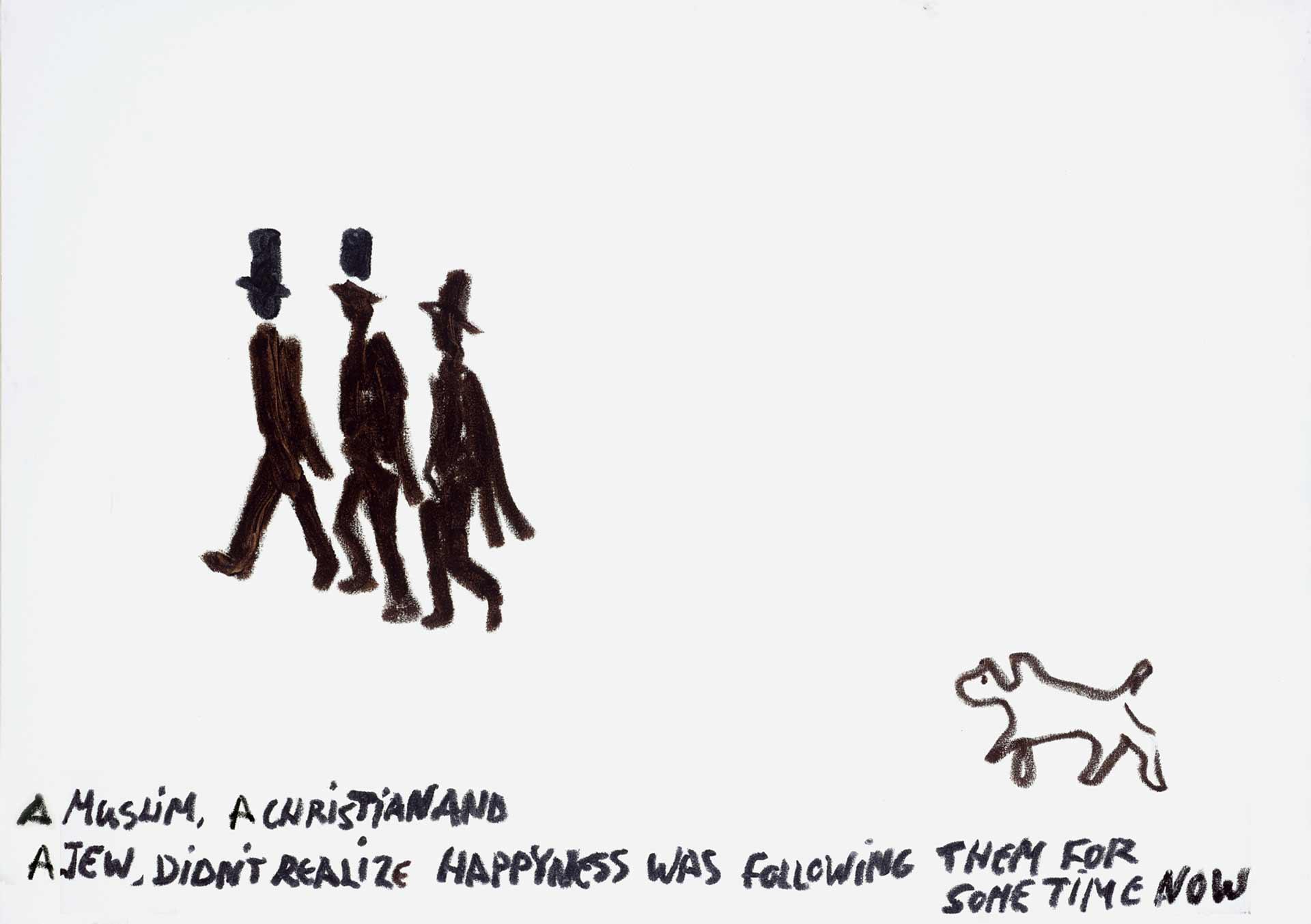 Zeichnung von drei Männern mit Hut, denen mit einigem Abstand ein Hund hinterherläuft