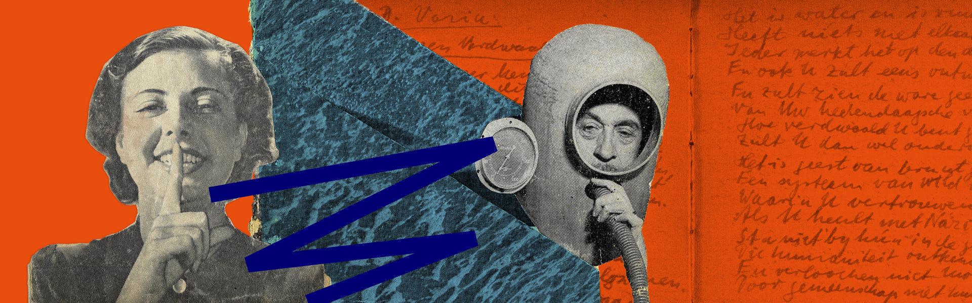 Collage in gray-blue on an orange background with a blue zigzag line: the head of a man in a diving bell, his hand holding a hose, next to it a manometer.