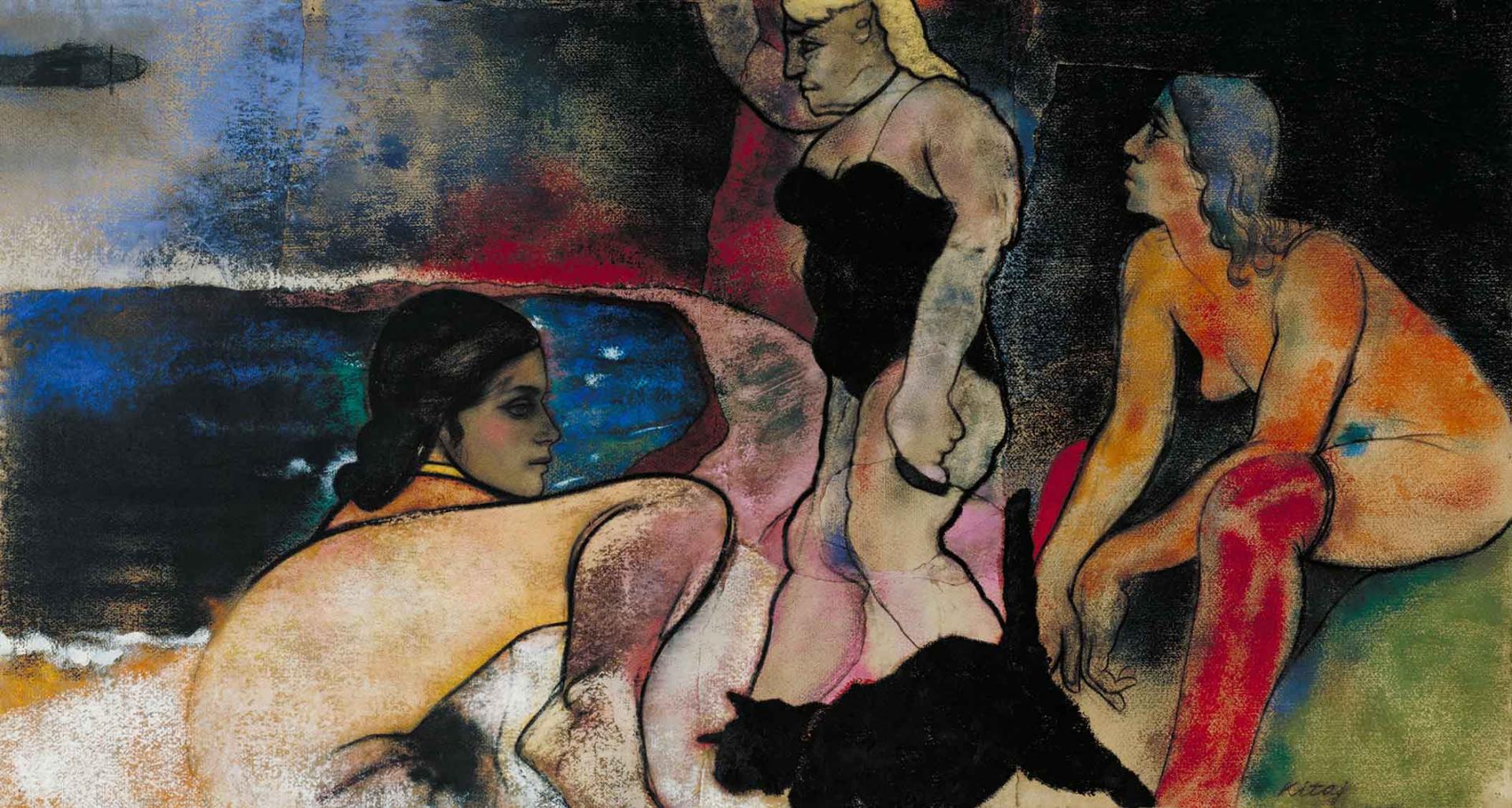 Colorful painting of three women and a black cat next to a body of water