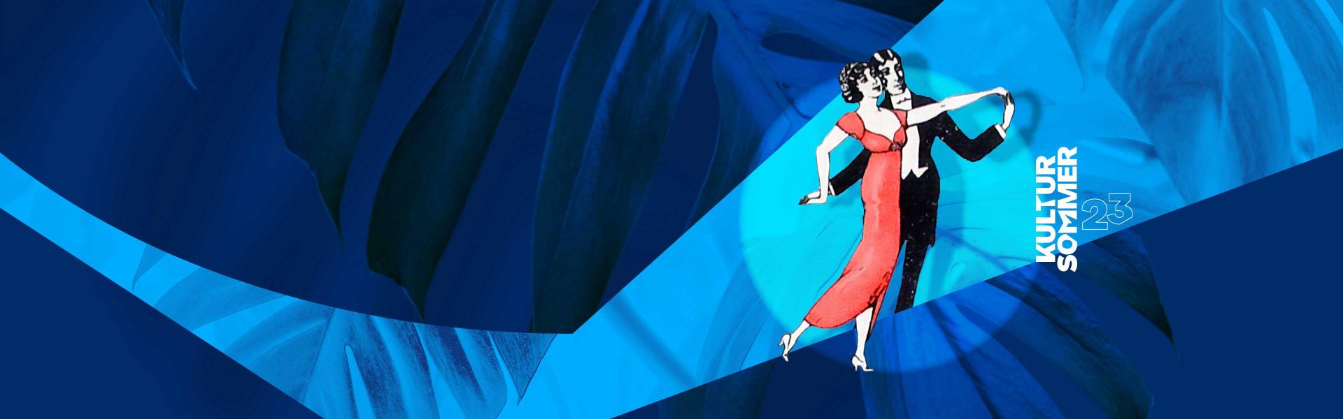 Graphic shows couple dancing on blue background. She is wearing a long red dress and he is wearing a black tuxedo.