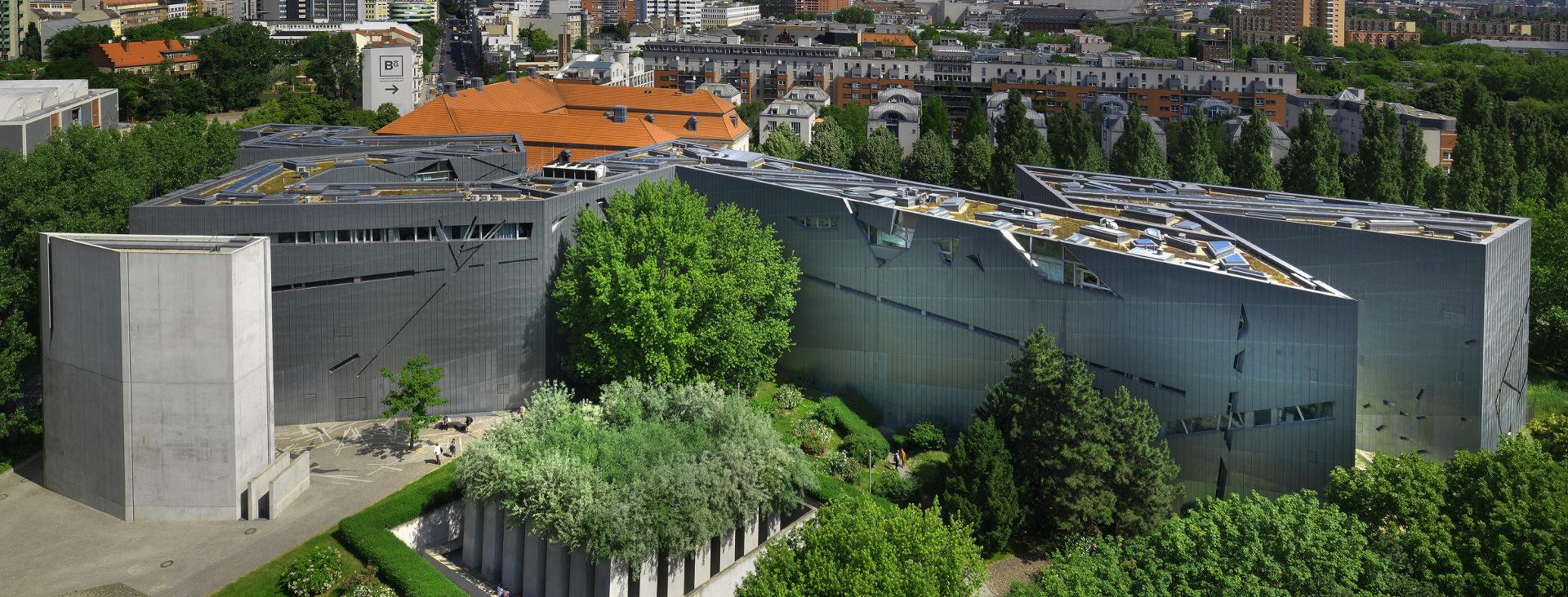 Libeskind building and garden of exile, photographed from bird's eye view