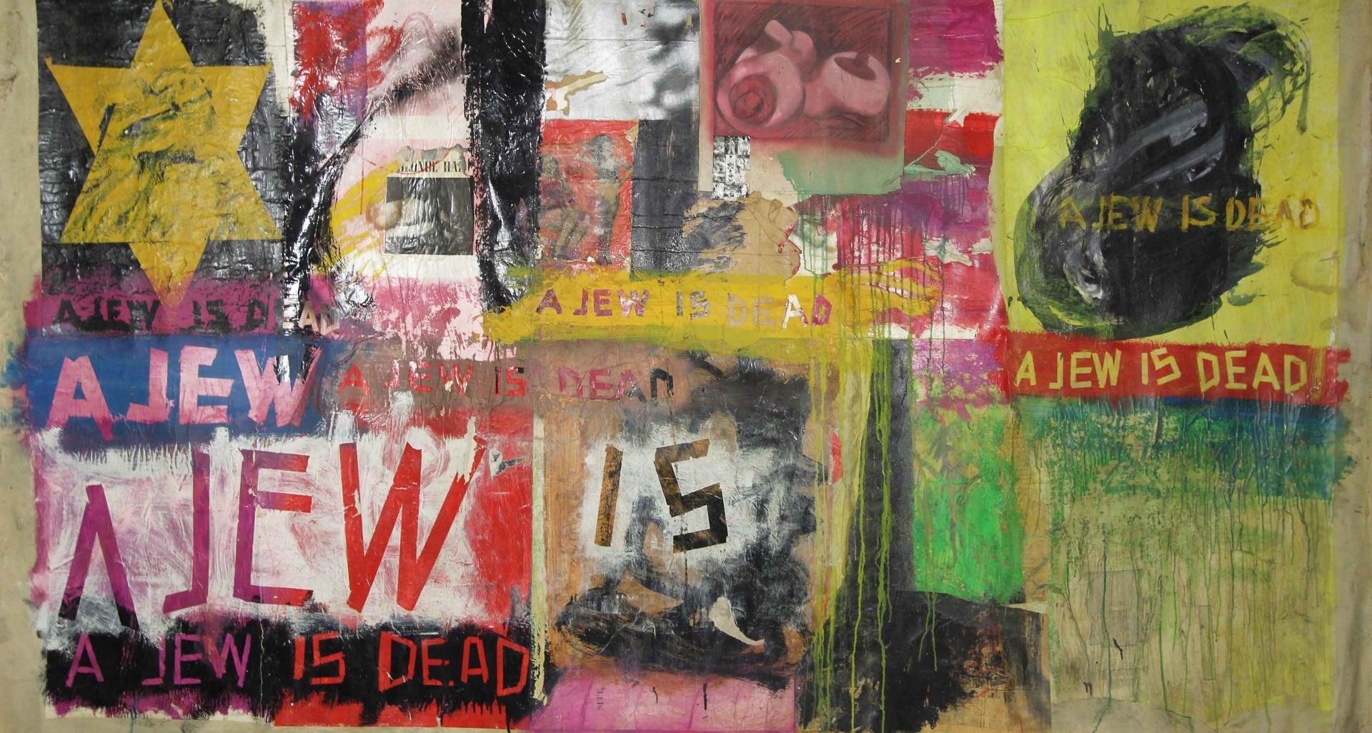 Collage mit gelbem Stern und Schriftzug »A jew is dead«